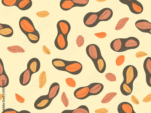 Peanut seamless pattern. Roasted peanuts in shell. Background design for printing on wrappers, packaging, fabrics and wallpapers. Vector illustration