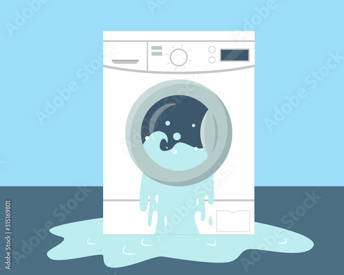Broken washing machine and water on the floor