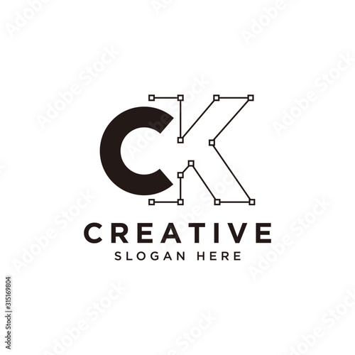 Initial CK logo design with curved line - vector