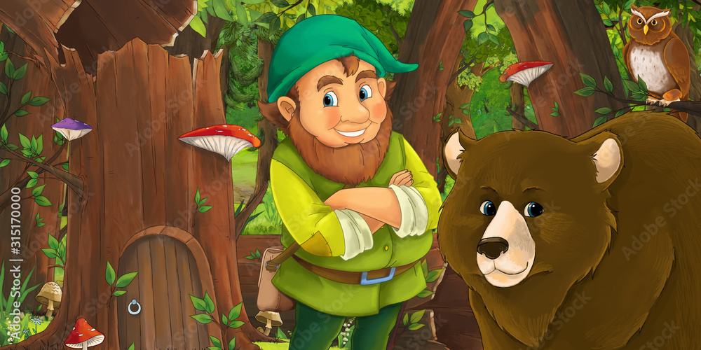 cartoon scene with happy dwarf in the forest near some house in the old tree and near some owls birds - illustration for children cartoon scene with happy dwarf in the forest near some house in the old tree and near some owls birds - illustration for children