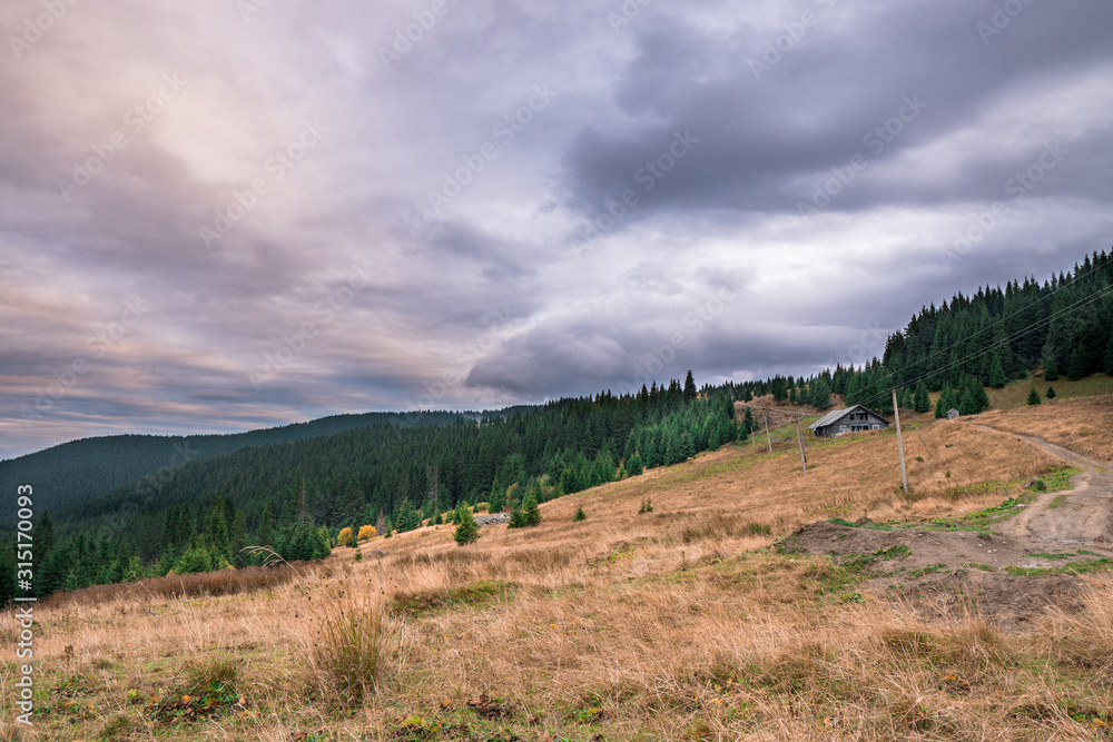 Summer landscape in mountains and the dark cloudy sky above.