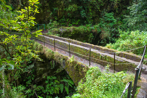 Hiking path on the Levada do Caldeirao Verde near Santana on the island of Madeira in Portugal.