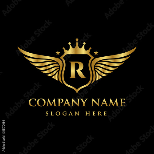 Luxury royal wing Letter R crest Gold color Logo vector, Victory logo, crest logo, wing logo, vector logo template