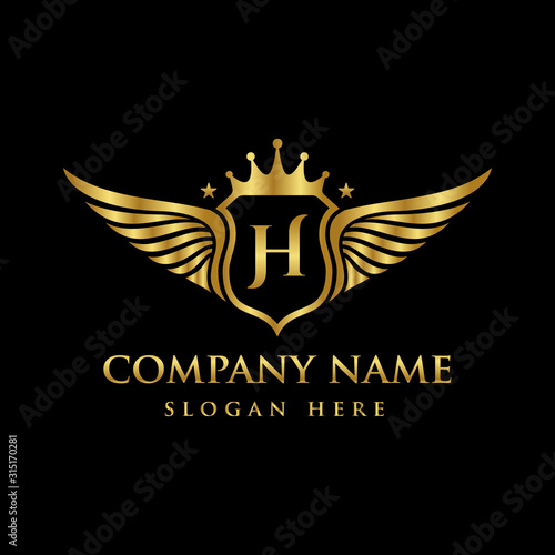 Luxury royal wing Letter H crest Gold color Logo vector, Victory logo, crest logo, wing logo, vector logo template