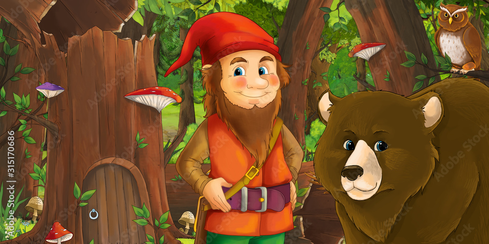 cartoon scene with happy dwarf in the forest near some house in the old tree and near some owls birds - illustration for children cartoon scene with happy dwarf in the forest near some house in the old tree and near some owls birds - illustration for children