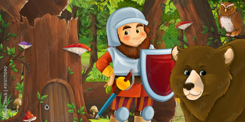 cartoon scene with happy dwarf in the forest near some house in the old tree and near some owls birds - illustration for children cartoon scene with happy dwarf in the forest near some house in the old tree and near some owls birds - illustration for children