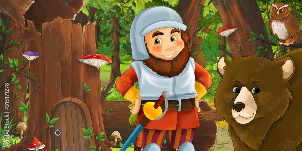 cartoon scene with happy dwarf in the forest near some house in the old tree and near some owls birds - illustration for children