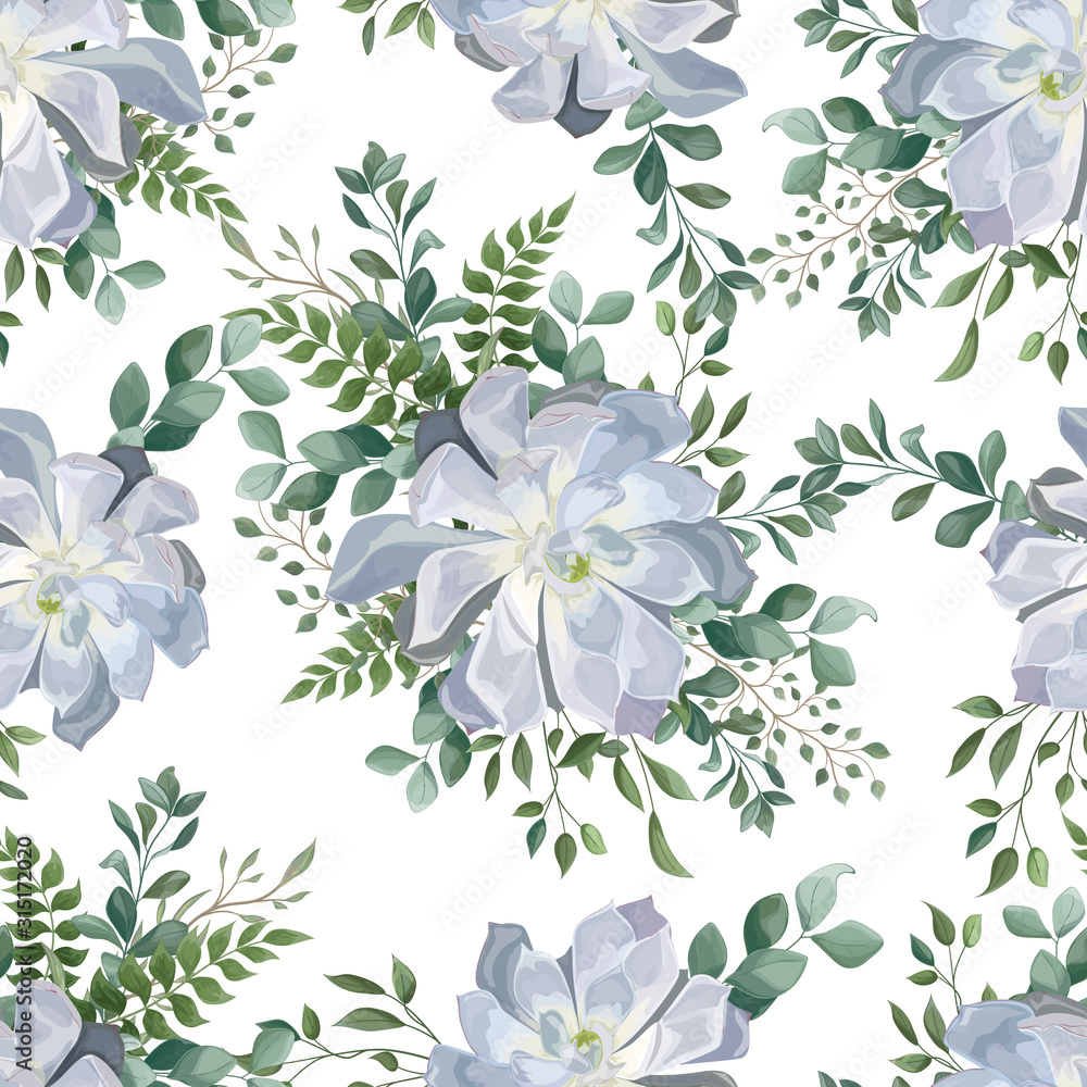 Seamless pattern with succulent flowers and leaves. Watercolor. Vector, EPS 10.