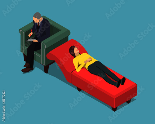 A girl at the psychologist in isometric. The woman tells a psychologist about her mental problems.