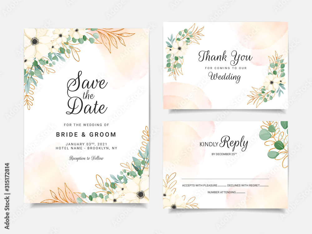 Elegant anemone and leaves with glitter wedding invitation card card template design. Minimalist flowers border with outlined floral illustration with  background