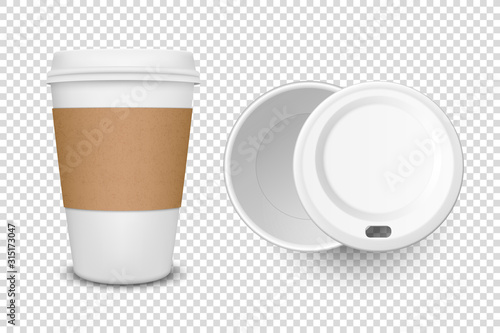 Vector 3d Realistic Disposable Opened and Closed Paper, Plastic Coffee, Tea Cup for Drinks with White Plastic Lid Icon Set Closeup Isolated on Transparent Background. Design Template, Mockup. Top View