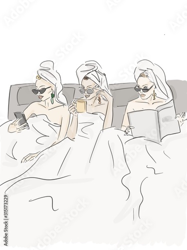 Top view of three best friends tell secrets in bed . Group of pretty young women in pajamas lie on back and talk. Sunny warm colors. Cozy atmosphere. illustration