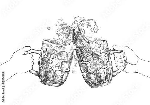 Hands with beer glass mugs cheering