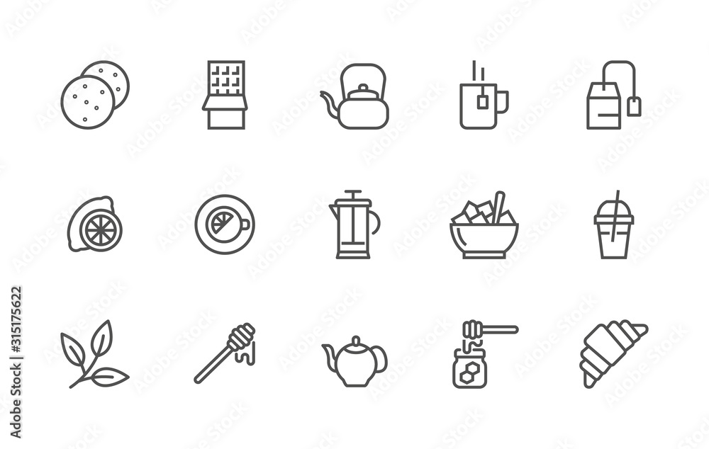 Simple set of tea and breakfast related vector linear icons. Contains icons such as: Tea, Chocolate, Lemon, Sugar, Twig, Honey, Croissant, Cup, Capuccino, Coffe. 48x48 Pixel Perfect. Editable Stroke.