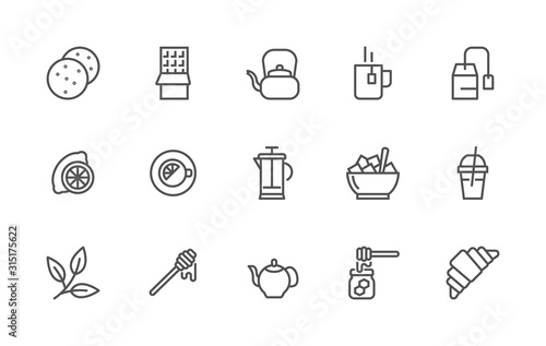 Simple set of tea and breakfast related vector linear icons. Contains icons such as: Tea, Chocolate, Lemon, Sugar, Twig, Honey, Croissant, Cup, Capuccino, Coffe. 48x48 Pixel Perfect. Editable Stroke.