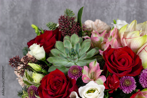 fresh composition of bright flowers close-up work florist place for text