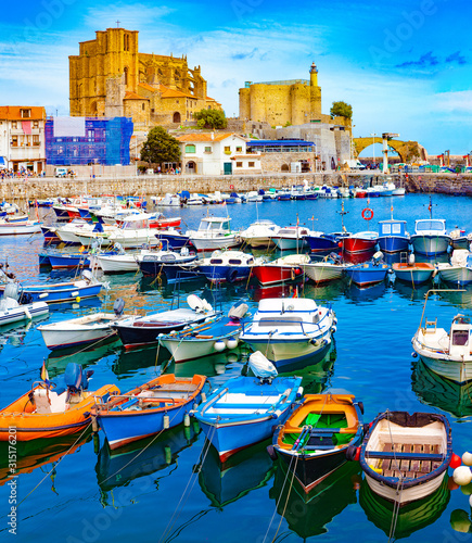 Coastal towns of Spain.Castro Urdiales.Cantabria.Fishing village and Boat dock. Scenic seascape.tourism in Spain