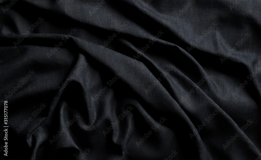 Fototapeta premium Abstract dark wrinkle fabric.Canvas texture detail in the dark.Smooth elegant dark silk or satin luxury cloth texture.3d illustration