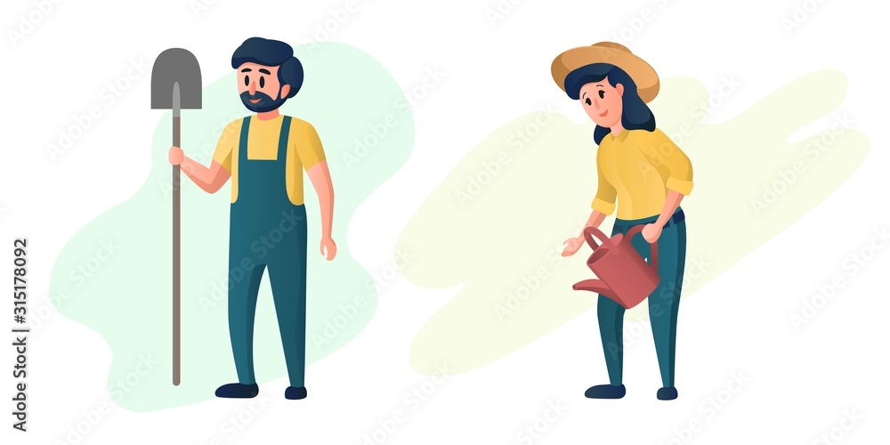 Happy farmers characters, man and woman work on the farm, gardening and farming characters. Cute modern style vector.