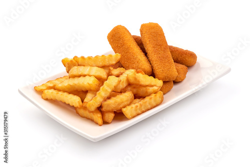 Crispy fish fingers with potato fry, isolated on white background