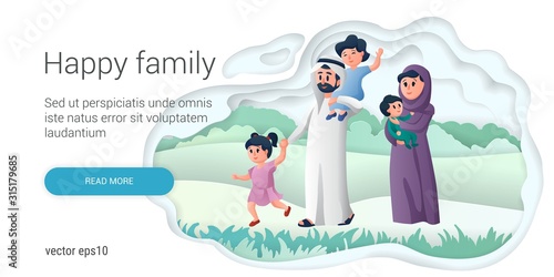 Arabic happy family, mother and father playing with their children. Young parents. Arab healthy couple cartoon characters vector illustration.