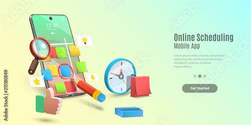 Concept of Mobile Scheduling App, Time Management Application. Vector Template For Web Banner or Website Landing Page.
