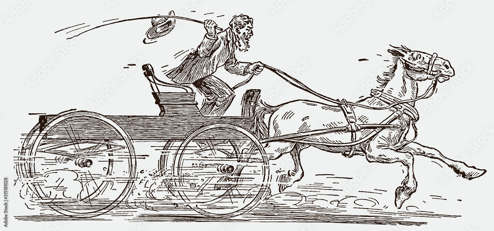Historical man driving antique four-wheeled horse-drawn wagon at high speed, after engraving from early 20c.