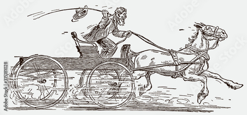 Historical man driving antique four-wheeled horse-drawn wagon at high speed, after engraving from early 20c.