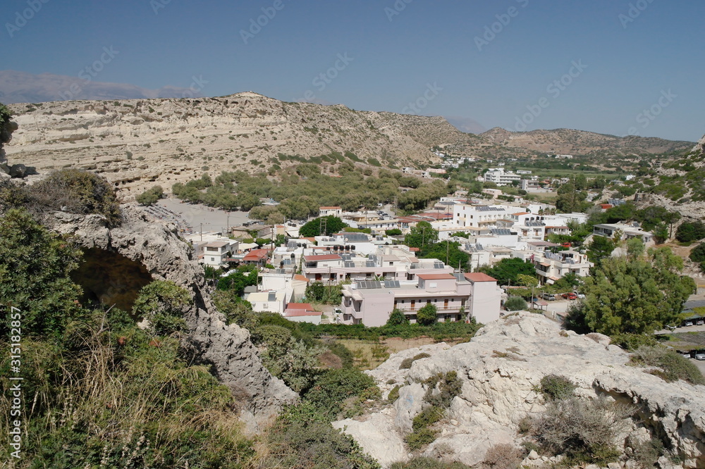 view of the resort of Matala from the top of the mountain, Crete, Greece.
