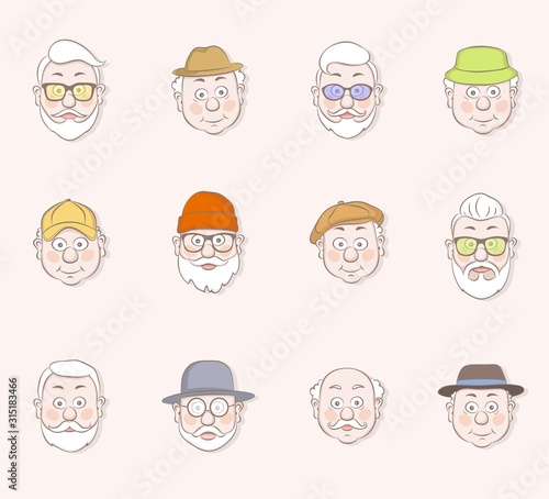 Set of old men face icons. Vector illustration.Cartoon design.