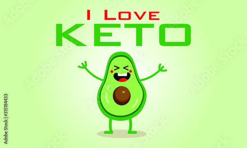 Cartoon Happy avocado character with lettering : I Love KETO - KETO diet 