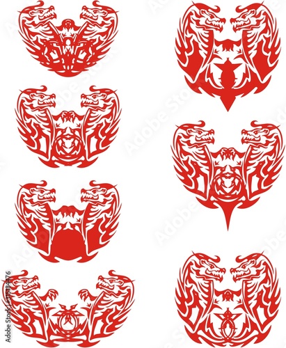 Red dragon hearts in tribal style. Set of valentines on white background - hearts formed by dragons, creative pattern