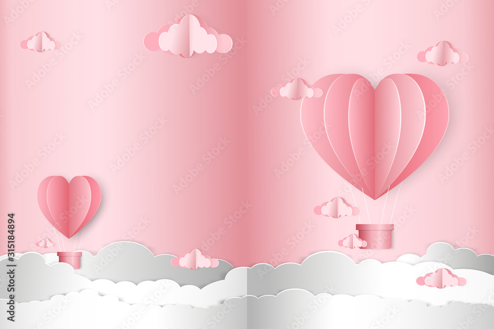 Vector illustration, Paper art of Valentine invitation or greeting card with hot air balloons heart flying and clouds on pink pastel background, copy space for text, Valentine's day concept
