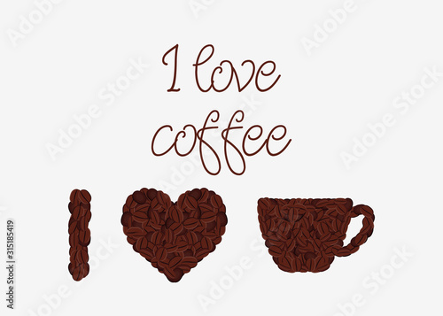 I love you banner design with coffee cup and heart made from coffee beans. Poster design for coffee cafe for valentines day