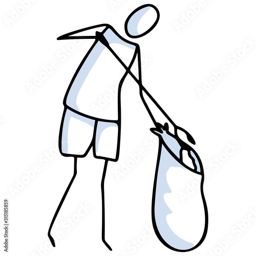 Hand drawn stick figures trash black bag. Concept of clean up earth day. Simple icon motif for environmental earth day, volunteer clipart, recycling illustration. Vector EPS 10. 