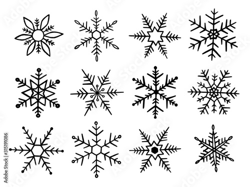 Set blue snowflakes. Food freezing concept. Snowflake doodle style for winter design. Collection hand drawn snowflakes isolated on whit background. Snowflake icon painted. Vector illustration