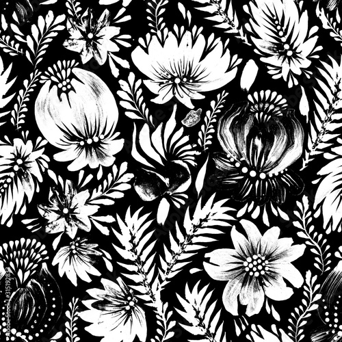 Watercolor painted Floral seamless pattern in folk painting style. Hand drawn fantasy white flowers, leaves, branches on a black background. Batik, page fill, poster, textile print, packaging paper