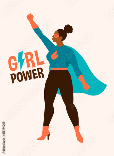 Vector illustrations in flat design of afro american female superheroe in funny comics costume. Girl power concept.