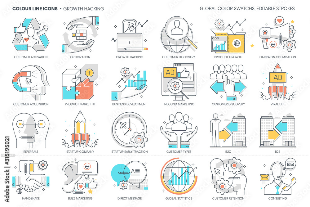 Growth hacking related, color line, vector icon, illustration set