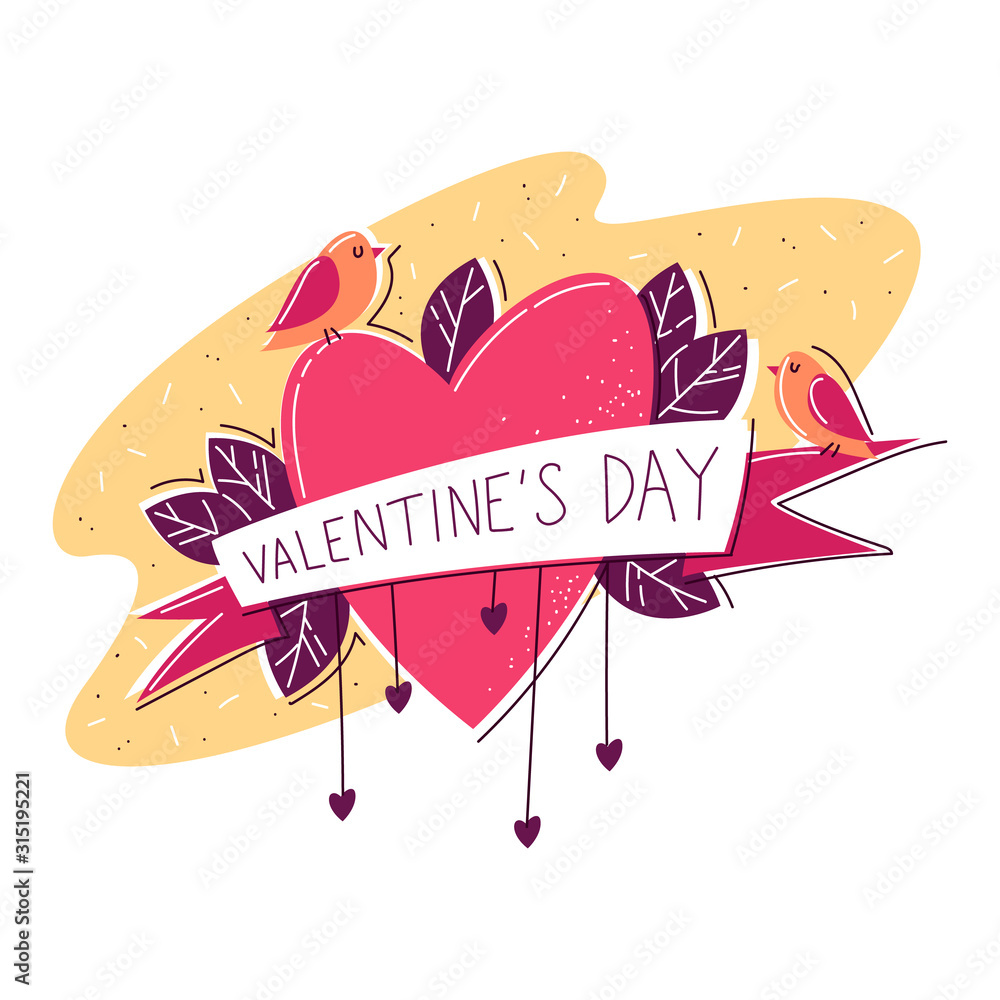 Logo Valentine's Day with heart, ribbon, plants and birds on isolated background. You can use this vector illustration for greeting cards,invitations, stickers, logo, print. Logo Valentine's Day with heart, ribbon, plants and birds on isolated background. You can use this vector illustration for greeting cards,invitations, stickers, logo, print.