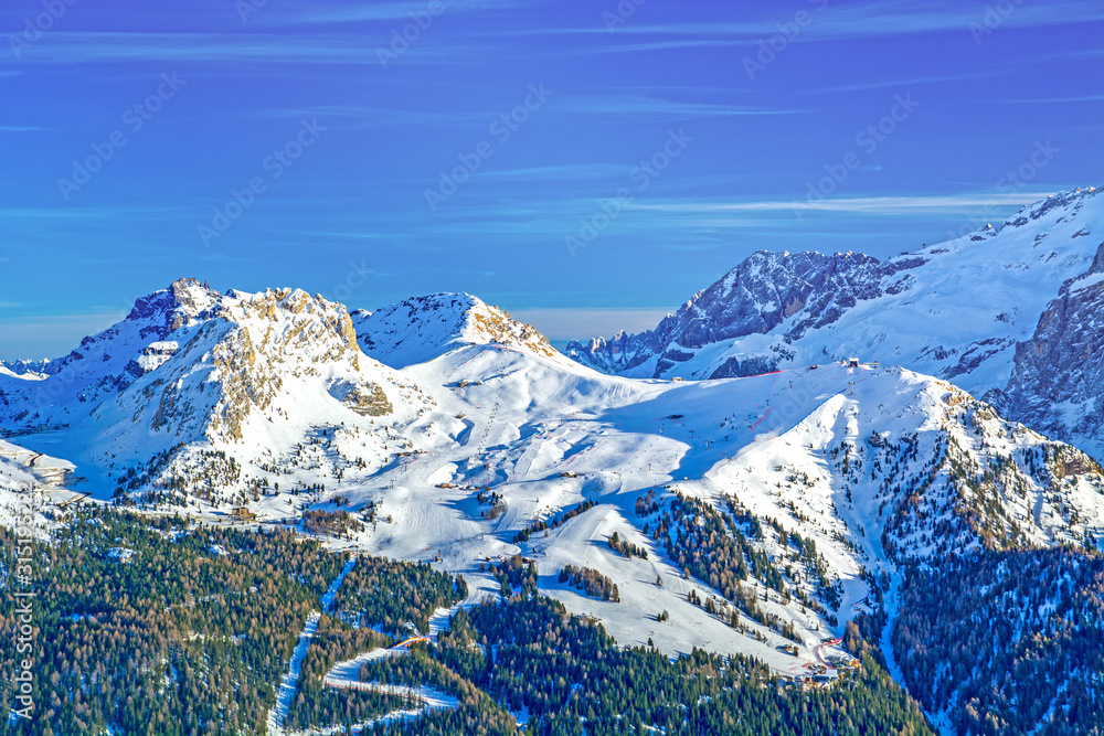 Dolomites landscape panorama in winter, Italy, Pordoi Pass ski resort area