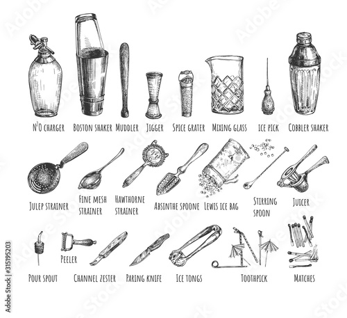 Set bartender equipment and tools photo
