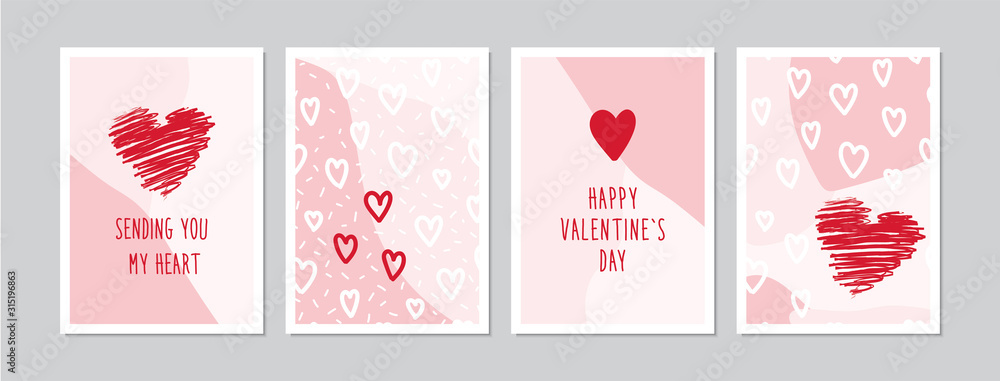 Plakat Walentynki karty z ręcznie rysowane serca. Doodles i szkice wektorowe ilustracje archiwalne, DIN A6.