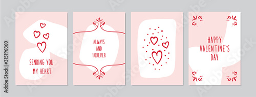 Valentine`s Day cards set with hand drawn hearts and ornaments. Doodles and sketches vector vintage illustrations, DIN A6.