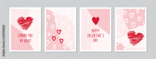 Valentine`s Day cards set with hand drawn hearts. Doodles and sketches vector vintage illustrations, DIN A6.