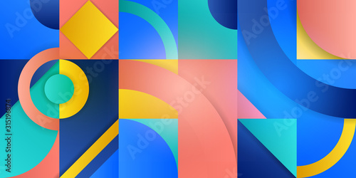 Illustration with abstract figures. Geometric shapes in squares with a gradient. Trending background in cubism style. Modern template for advertising, blog and social media. Vector illustration.