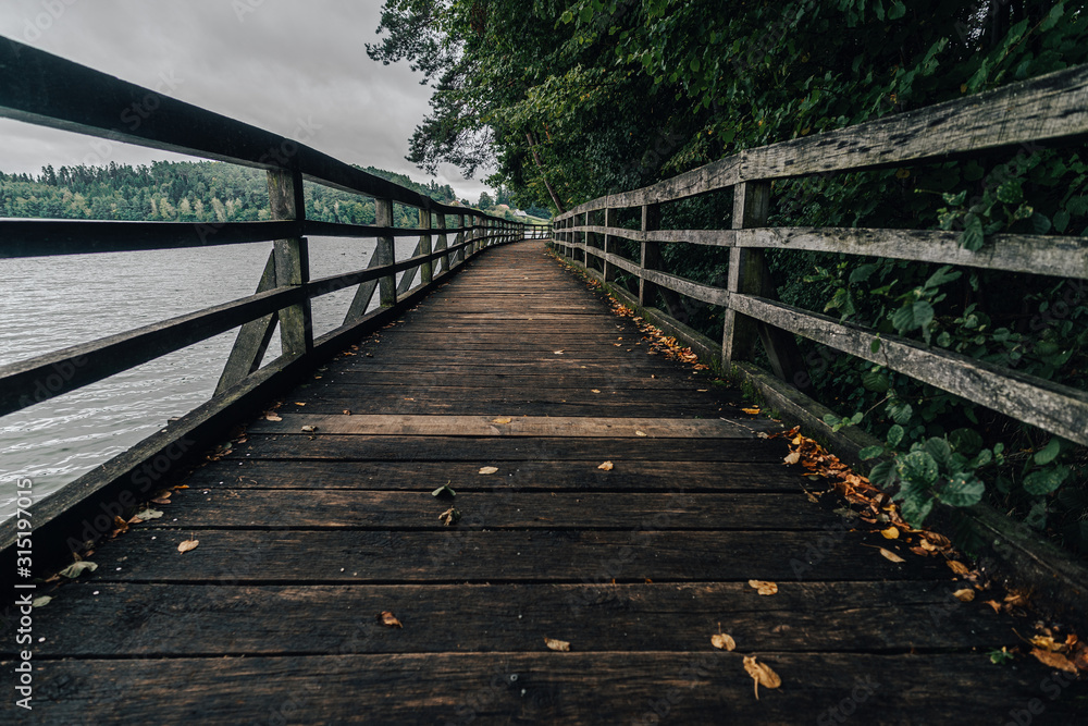 Fototapeta premium Wooden walkway or bridge on the side of a lake. Old wooden walkway on the banks of a lake. Autumn view of a wooden path and a lake.