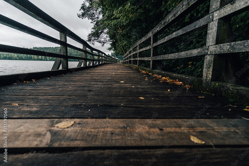 Wooden walkway or bridge on the side of a lake. Old wooden walkway on the banks of a lake. Autumn view of a wooden path and a lake.
