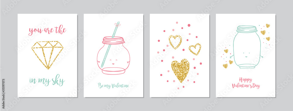 Valentine`s Day cards set with hand drawn elements like hearts, golden diamond and mason jar. Doodles and sketches vector vintage illustrations, DIN A6. Valentine`s Day cards set with hand drawn elements like hearts, golden diamond and mason jar. Doodles and sketches vector vintage illustrations, DIN A6.
