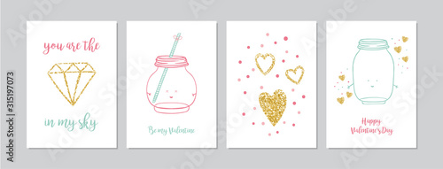 Valentine`s Day cards set with hand drawn elements like hearts, golden diamond and mason jar. Doodles and sketches vector vintage illustrations, DIN A6.
